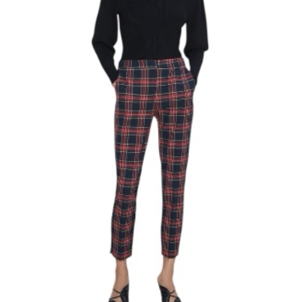 Zara Black & Red Tartan Plaid Print Tapered Cropped Pants - S